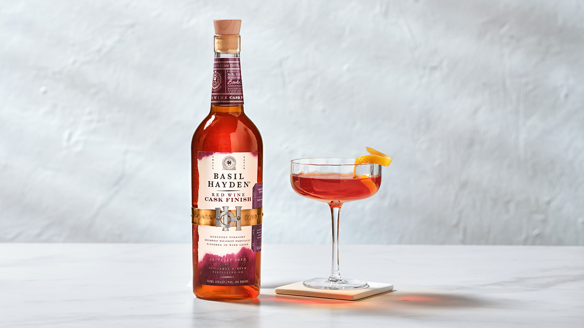 : Basil Hayden® Red Wine Cask Finish bottle and a cocktail