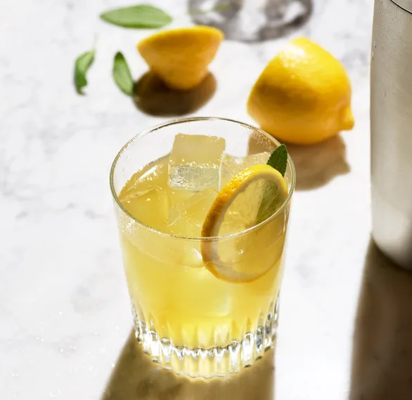 A glass of bourbon whiskey cocktail garnish with lemon peel and ice