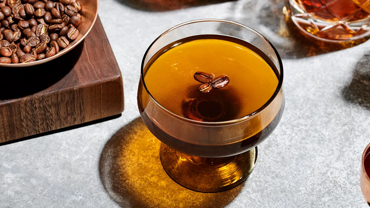 Basil Hayden cocktail with coffee seeds