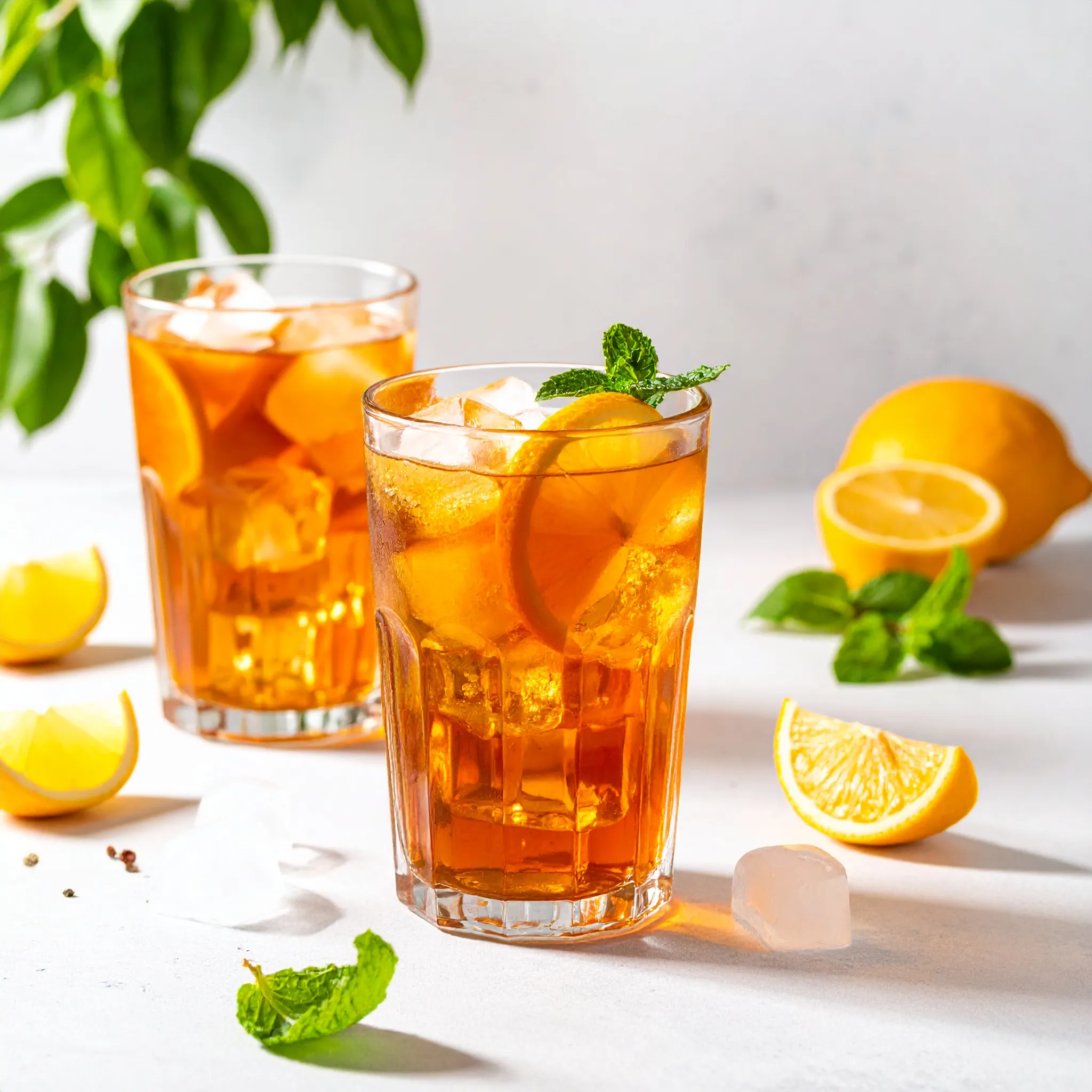 Two refreshing glasses of iced tea with lemon slices and mint leaves, surrounded by fresh lemon wedges and mint on a light background.